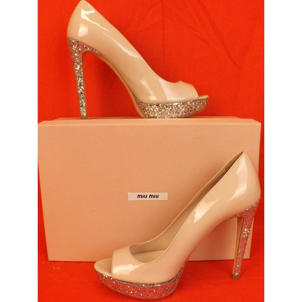NIB MIU MIU PRADA 5KP189 NUDE PATENT LEATHER OPEN TOE GLITTER PLATFORM PUMPS 38
